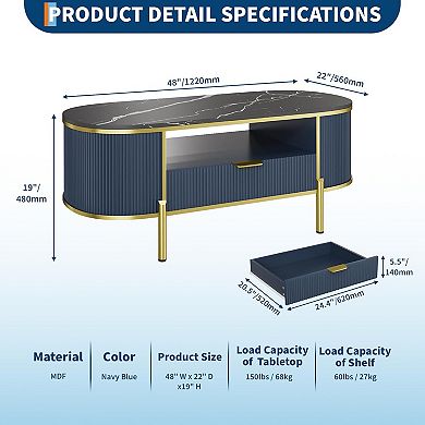 48" Oval Coffee Table with Fluted Design & Faux Marble Top, Modern Luxury Center Table with Drawers