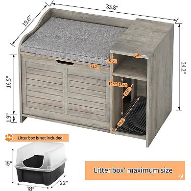 Cat Litter Box Enclosure with Top Opening, Cushion - Modern Wood Hidden Litter Box Cabinet