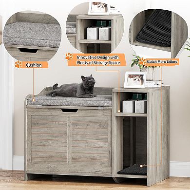 Cat Litter Box Enclosure with Top Opening, Cushion - Modern Wood Hidden Litter Box Cabinet