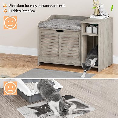 Cat Litter Box Enclosure with Top Opening, Cushion - Modern Wood Hidden Litter Box Cabinet