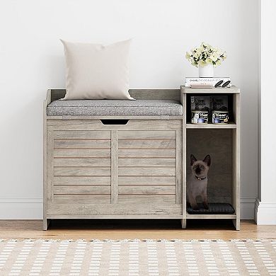 Cat Litter Box Enclosure with Top Opening, Cushion - Modern Wood Hidden Litter Box Cabinet