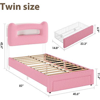 LED Twin Bed with Storage Headboard & Charging Station - Upholstered Platform, Drawer, No Box Spring