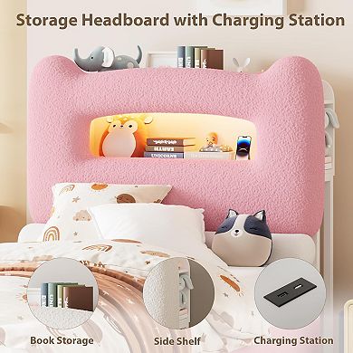 LED Twin Bed with Storage Headboard & Charging Station - Upholstered Platform, Drawer, No Box Spring