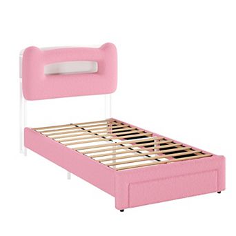 LED Twin Bed with Storage Headboard & Charging Station - Upholstered Platform, Drawer, No Box Spring