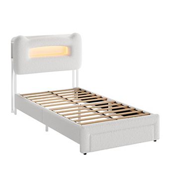 LED Twin Bed with Storage Headboard & Charging Station - Upholstered Platform, Drawer, No Box Spring