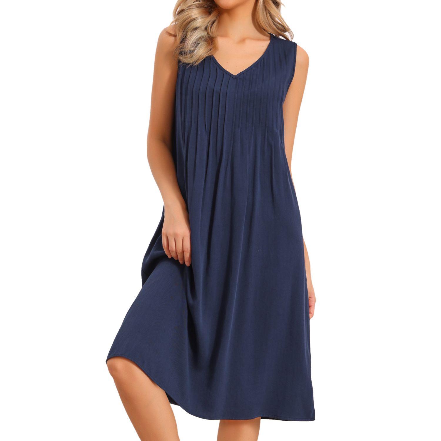 Женские платья Pleated Dress for Casual Sleeveless Midi Swing Sundress V Neck Tank Dresses