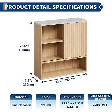 Fluted Wall Cabinet with Sliding Door & Faux Marble Top - Adjustable Shelf Medicine Cabinet