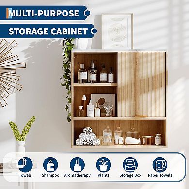 Fluted Wall Cabinet with Sliding Door & Faux Marble Top - Adjustable Shelf Medicine Cabinet