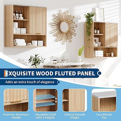 Fluted Wall Cabinet with Sliding Door & Faux Marble Top - Adjustable Shelf Medicine Cabinet