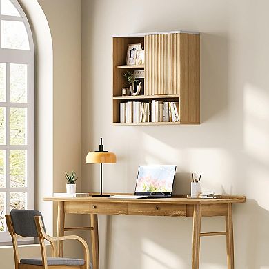 Fluted Wall Cabinet with Sliding Door & Faux Marble Top - Adjustable Shelf Medicine Cabinet