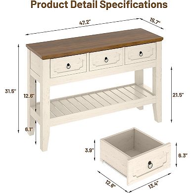 47" Console Table with Drawers, Farmhouse Rustic Entryway Table with Bottom Shelf and Solid Wood Leg