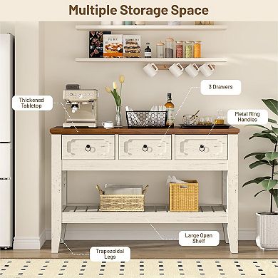 47" Console Table with Drawers, Farmhouse Rustic Entryway Table with Bottom Shelf and Solid Wood Leg