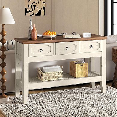 47" Console Table with Drawers, Farmhouse Rustic Entryway Table with Bottom Shelf and Solid Wood Leg