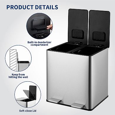 Garvee 30L Stainless Steel Step Trash Cans with Removable Inner Buckets for Home