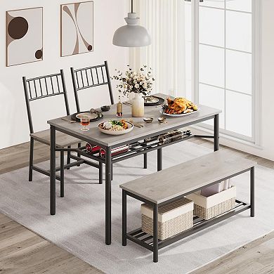 4-Piece Farmhouse Dining Set with Storage and Bench, Rectangular Table for Small Spaces
