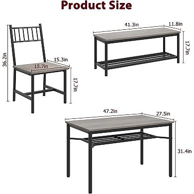 4-Piece Farmhouse Dining Set with Storage and Bench, Rectangular Table for Small Spaces