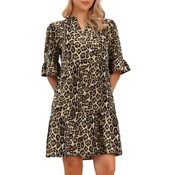 Leopard Print Dress for Womens Notch Neck Short Sleeve Ruffle Hem Tunic Dresses
