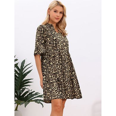 Leopard Print Dress for Womens Notch Neck Short Sleeve Ruffle Hem Tunic Dresses