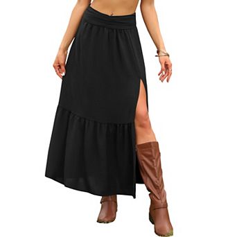 Summer Casual Tiered Skirt for Women's High Waist Side Slit A Line Long Skirts