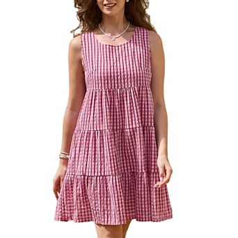 Gingham Dress for Women Sundress Sleeveless Plaid Flowy Swing Tiered Short Dresses