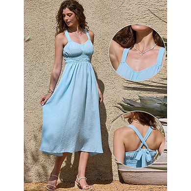 Midi Dress for Women's V Neck Sleeveless A-line Backless Beach Sundress