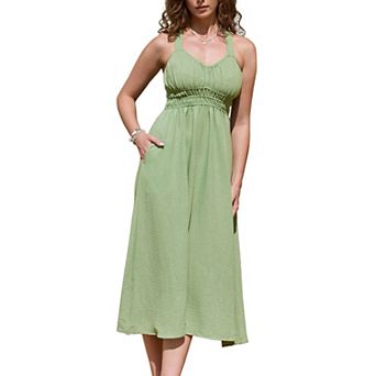 Midi Dress for Women's V Neck Sleeveless A-line Backless Beach Sundress