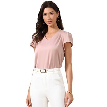 Cap Short Sleeve Tops for Women's V Neck Pleated Front Satin Blouse