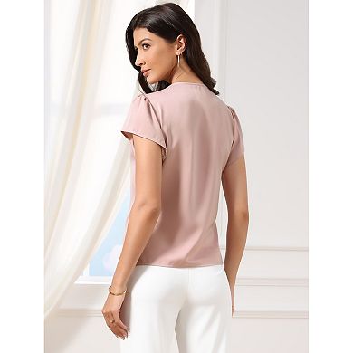 Cap Short Sleeve Tops for Women's V Neck Pleated Front Satin Blouse