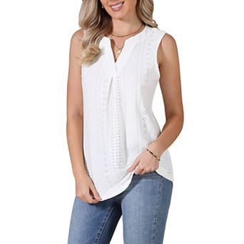 Summer Tank Top for Women Eyelet Embroidery Sleeveless V Neck Loose Fit Shirt Casual Work Clothes
