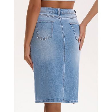 Women's Jean Skirt High Waist Back Slit Stretch Below Knee Length Denim Skirts