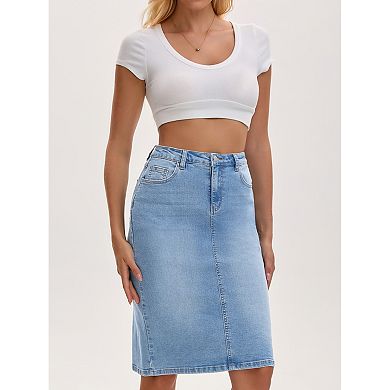 Women's Jean Skirt High Waist Back Slit Stretch Below Knee Length Denim Skirts