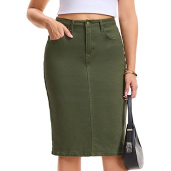 Women's Jean Skirt High Waist Back Slit Stretch Below Knee Length Denim Skirts