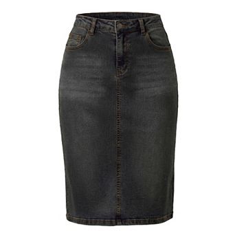 Women's Jean Skirt High Waist Back Slit Stretch Below Knee Length Denim Skirts