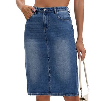 Women's Jean Skirt High Waist Back Slit Stretch Below Knee Length Denim Skirts