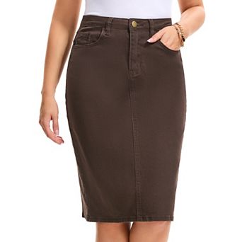 Women's Jean Skirt High Waist Back Slit Stretch Below Knee Length Denim Skirts