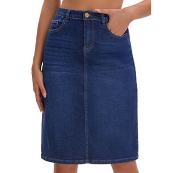 Women's Jean Skirt High Waist Back Slit Stretch Below Knee Length Denim Skirts