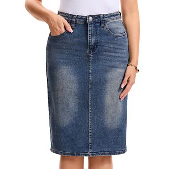 Women's Jean Skirt High Waist Back Slit Stretch Below Knee Length Denim Skirts