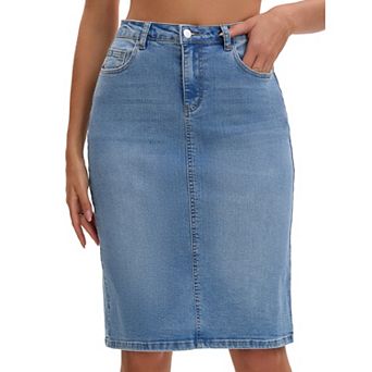 Women's Jean Skirt High Waist Back Slit Stretch Below Knee Length Denim Skirts