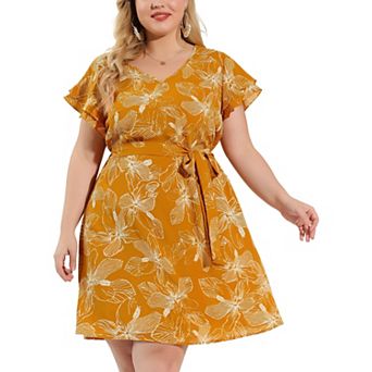 Women's Plus Size Dress V Neck Tie Waist Layered Short Sleeve Floral Dresses