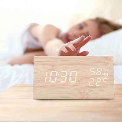 Triangular Electric Alarm Clock, Voice Function, Battery Backup, Wood Grain Design 5.9"x3.1"x3.1"