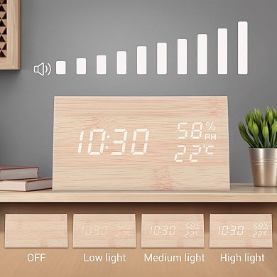 Triangular Electric Alarm Clock, Voice Function, Battery Backup, Wood Grain Design 5.9"x3.1"x3.1"