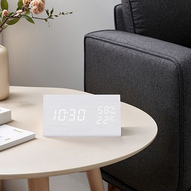 Triangular Electric Alarm Clock, Voice Function, Battery Backup, Wood Grain Design 5.9"x3.1"x3.1"