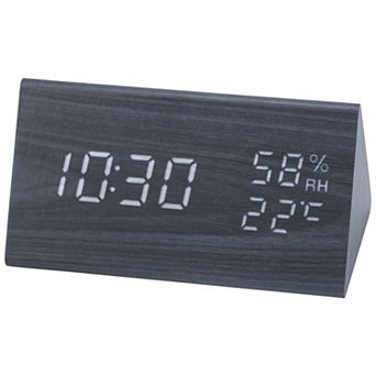 Triangular Electric Alarm Clock, Voice Function, Battery Backup, Wood Grain Design 5.9"x3.1"x3.1"