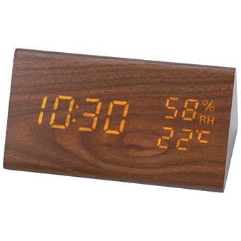 Triangular Electric Alarm Clock, Voice Function, Battery Backup, Wood Grain Design 5.9"x3.1"x3.1"
