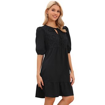 Summer Babydoll Dress for Womens Embroidered Eyelet Puffy Sleeve Ruffle Hem Short Dresses