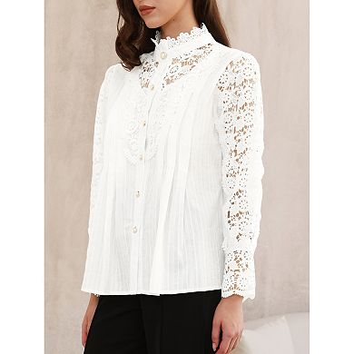 Lace Trim Top for Women's Elegant Stand Collar Victorian Long Sleeve Button Down Blouse