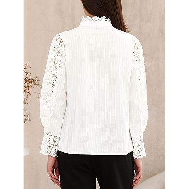 Lace Trim Top for Women's Elegant Stand Collar Victorian Long Sleeve Button Down Blouse