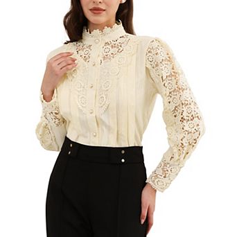 Lace Trim Top for Women's Elegant Stand Collar Victorian Long Sleeve Button Down Blouse