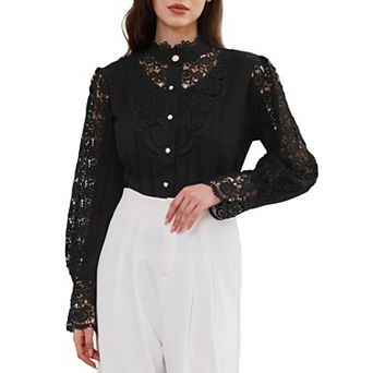 Lace Trim Top for Women's Elegant Stand Collar Victorian Long Sleeve Button Down Blouse