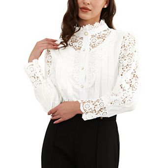 Lace Trim Top for Women's Elegant Stand Collar Victorian Long Sleeve Button Down Blouse
